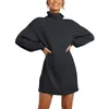 Höst Mode Sticka Tröja Klänning Kvinnor Vinter Kvinnors Turtleneck Lantern Sleeve Midi Dress Pullovers 210508