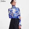 Nibber T-shirt dolcevita a righe con volant alla moda Donna Autunno See-Through Patchwork Skinny Club Streetwear Harajuku Clother Y0629