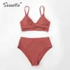 SEASELFIE Sexy Twist Tank High-Waist Bikini Sets Bademode Frauen Badeanzüge Badeanzug Solide Rot V-ausschnitt Bikinis Beachwear 210407