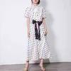 Casual Dot Dress för Kvinnor Lapel Kortärmad Hollow Out Patchwork Bowknot Maxi Klänningar Kvinna Sommar Stylish 210520