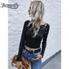 Round Neck Button Front Black Crop Top Women Spring Fall Long Sleeve T-Shirts Woman Casual Slim Fit Cropped Tee 210510