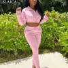 Long Sleeve Shirt Women Two Piece Set Zipper Turn-down Collar Crop Top and Pants Pink Outfit Streetwear Sweat Suits Autumn 210515