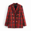 Frühling Frauen Plaid Bouble-Breasted Blazer Eleganter Anzug Rot Tweed Formelle Jacken Karierte Oberbekleidung Tops 210521
