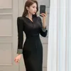 Office Lady V-Neck Cross Långärmad Svart Penna Klänning Kvinnor Vår Elegant Slim Sexig Knä Längd Bodycon Sheath Dress 210514