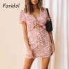 Backless Floral Print Summer Dress Lace Up Hollow Out Front Mini Beach Sundress Beach Boho Dresses Vestidos Mujer 210415