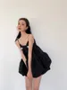Negro Ruched Bola Vestido Vestido Verão Pérola Espaguete Strap Mini Menina Cami Mulheres Coreano Moda 210427