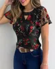 Kvinnors Blusar T-shirts 2021 Ruffle Kortärmad Blus Sommar Fashion Casual Floral Broderi Cutout Mesh Sheer Tops Slim Vintage