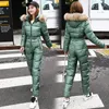 Skiën Jassen 2021 Capuchon Bont Winter Vrouwen Jumpsuit Katoen Een Stuk Vrouwelijke Sneeuw Pakken Outdoor Sport Vrouw Ski Overall winddichte Kleding