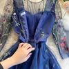 Spring Mesh Embroidery Floral Jurk voor Dames 3/4 Mouwen Franse Elegante Retro A-Lijn Party Jurken Hoge Kwaliteit Vestidos 210428