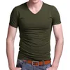2021 Sträcka Lycra V Collar Mens T Shirt Solid Färg Kortärmad T-shirt för manliga män Tights Slim Tshirt Y0809