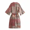 Vuwwyv Chic Floral Print Afrikansk klänning Kvinnor Sommar Casual Kimono Kvinna Wide Sleeve Fram Bälte Vestidos Fickor 210430