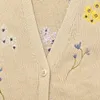 2021 가을 가을 긴 소매 V Neckline Khaki Cardigan 프랑스 스타일 니트 꽃 자수 싱글 브레스트 스웨터 G121040