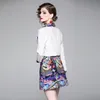 Runway Designer Fall Women's Lapel Short Sleeve Vintage Print Blouse Shirt + Mini Skirt Two-Pite Ladies Ol Woems Set 210514