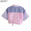 Vrouwen Zoete Patchwork Gestreepte Print Roze Korte Smok Blouse Vrouwelijk Hem Bowknot Breasted Shirt Chique Crop Tops LS9210 210416