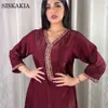 Siskakia jalabiya manga comprida maxi vestido para as mulheres cair dubai abaya moda diamante fita v pescoço muçulmano árabe robe 210630