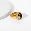 Wedding Rings Super Sparkling Zircon Yin Yang Ring 18K Gold Plated Stainless Steel Black White Bagua Ta Chi Ying