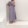 Korejpaa Kadınlar Elbise Yaz Kore Chic Bayanlar Minimalist Vintage Donanma Yaka Tasarım Gevşek Rahat Düz Renk Vestidos 210526