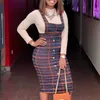 Women 2 Pieces Set Plaid Strap Dress Slim with Tops Button Up Modest Office Lady Wear Work Classy African Fashion Bodycon Female 211106