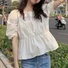Kvinnor Topp Koreanska Pärlor Patchwork Söt Dollskjorta Sommarpuffhylsa O-Neck Blusas Mujer de Moda Verano 6J317 210603
