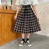 Lente zomer vrouwen koreaanse stijl vintage zwart rood plaid hoge taille zon school midi lange geplooide rok vrouwelijke 210421