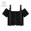 Gothic Black Off Ombro Mulheres Tees Zipper Manga Curta Straps Camiseta Verão Moda Streetwear Causal Feminino Crop Tops 210430