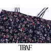 TRAF Kadınlar Moda Fırfırlar Ile Baskılı Kırpılmış Bluzlar Vintage Ince Sapanlar Ruffled Hem Kadın Gömlek Blusas Chci Tops 210415