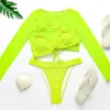 Neon Yellow Crop Top Swimwear Women Summer Sexy Beachwear Mesh Long Sleeve Cover Ups Three Piece Swimsuit Bikini Set 210520