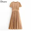 Casual Solide Midi Kleid Frauen Sommer Puff Kurzarm Mode Plissee Weibliche O Neck Lose Hemd Sommerkleid Vestido 210515