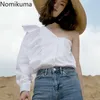 Nomikuma Arrival Skew Collar One Sleeve Bluse Ruffle Off Shoulder Solid Color Shirts Single Breasted Fashion Tops 3a142 210514