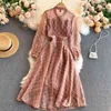 Print Full Slim V Neck Tie Puff Sleeves Waist A-Line Dress for Women 210615