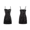 Mini abito nero con paillettes e paillettes, senza maniche, da festa sexy D1552 210514