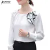 Camisa branca Mulheres arco design primavera ocasional o pescoço moda elegante manga longa saitn blusas escritório senhoras trabalho tops 210604