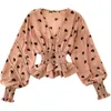 Höststil Polka Dot Peach Heart Top Kvinnors V-Neck Puff Sleeve Kort pläterad Waistless All-Match Chiffon Shirt UK357 210506