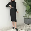 Yellow Black Brown Solid Long-Sleeve Sash Knitted Knee Length Dress Autumn Winter Elegant Sexy High Neck D2066 210514