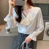 GÜZ Moda Kadınsı V Yaka Şifon Gömlek Kadınlar Uzun Kollu Fırfır Bluzlar Off Fice Bayanlar Tops 5685 50 210417