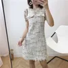 Women Set Tweed Two Pieces Sleeveless Tank Dress White Mini With Jacket Suit T0138 210514