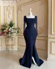 2022 Plus Size Arabic Aso Ebi Navy Blue Mermaid Prom Dresses Lace Beaded Satin Evening Formal Party Second Reception Bridesmaid Gowns Dress ZJ411