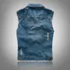 Korean Style Men's Jeans Vest Ripped Denim Jacket Slim Fit Sleeveless Summer Casual Male Coat Plus Size