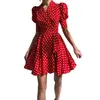 Kadın A-line Elbise Ruffles Ofis Bayanlar Polka Dot Baskı V Yaka Kısa Kollu Yüksek Bel Zarif Giyim 210522