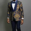 Azul Marinho Floral Jacquard Prom Homens Ternos para Casamento 3 Parte Magro Fit Groom Tuxedo Africano Moda Moda Traje Calças de Jaqueta X0608