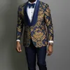 Navy Blue Floral Jacquard Prom Män Passar För Bröllop 3 Piece Slim Fit Groom Tuxedo Afrikansk Man Mode Kostym Jacka Byxor X0608