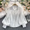 Women Blouse Spring Girl Puff Sleeve Single Breasted Shirt Female Wooden Fungus Hollow Embroidery Loose Wild White Tops D026 210506