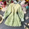 Vintage Gothic Dress Woman V-neck Green Vestido Clothing Lolita Printed High Waist Chiffon Mini Female Spring 210603