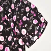 2021 Sommar Höst Kortärmad V Nacke Black Dress Sweet Pink Floral Print Paneled Zipper Knä-längd Kvinnor Mode Klänningar G123052