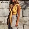 Ruffle Sleeveless Yellow Tank Tops Women Tie Front Bowknot Crop Tops Casual Boho Lace Up Cute Holiday Beach Tops 210415