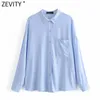 Zevity Femmes Mode Pocket Décoration Casual Kimono Smock Blouse Bureau Dames Chemises d'affaires Roupas Chic Chemise Tops LS7580 210603