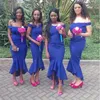 Comprimento Do Chá Sereia Vestidos De Promoção Africano Azul Azul Cetim Casamento Dos Vestidos de Convidado Ruffle Saia Vestidos formais