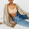 Genayooa Cardigan Women Loose V-Neck Houndstooth Långärmad Knit Cardigans Jacket Sweater Oversized Korean 210914