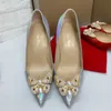 Casual Designer Sexy Lady Fashion Women Shoes Silver Laten Läder Bow-Knot Crystal Pointy Toe Stiletto Stripper High Heels Prom Kvällspumpar Storlek 44 12cm