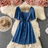 Vestido de denim azul para mulheres moda verão vintage elegante colarinho de manga curta botões slim a linha robe 210603